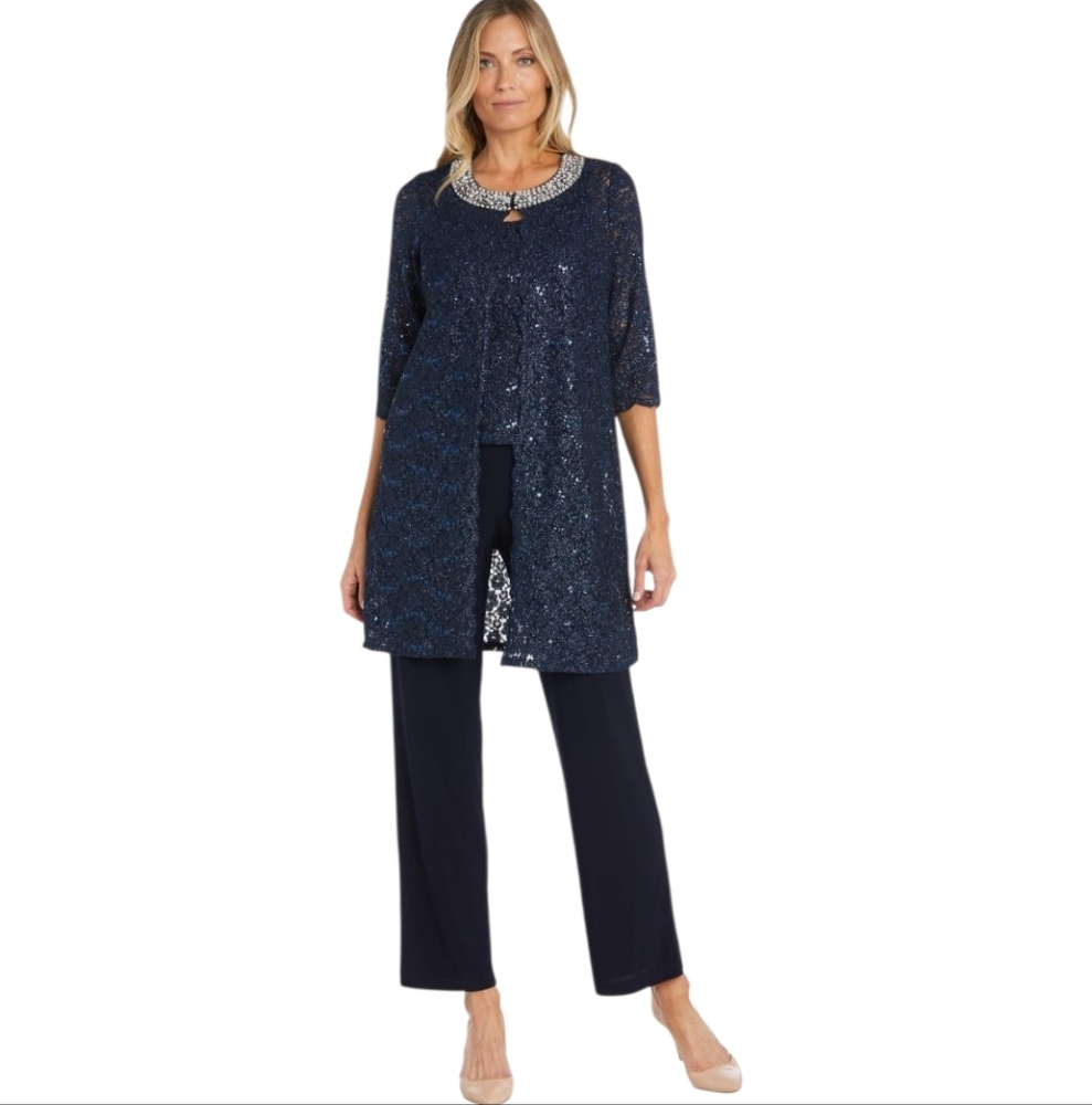 R & M Richards Pearl Glow Lace Pants Set NWT